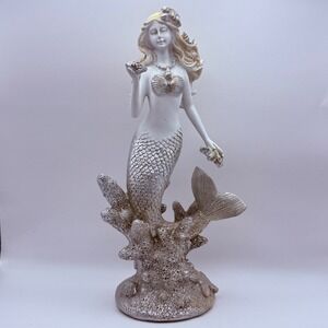 Silver and White Mermaid 10.5 inch Coral Reef Figurine Coastal Nautical Decor